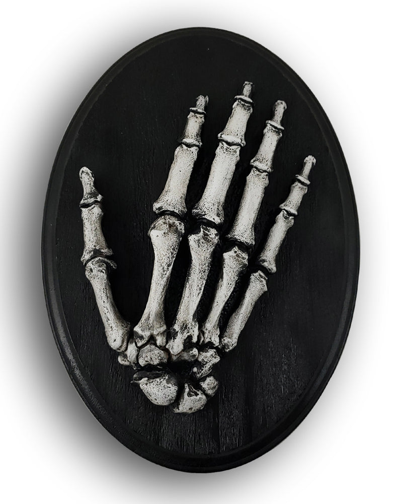 
                  
                    Oval skeletal hand plaque.
                  
                