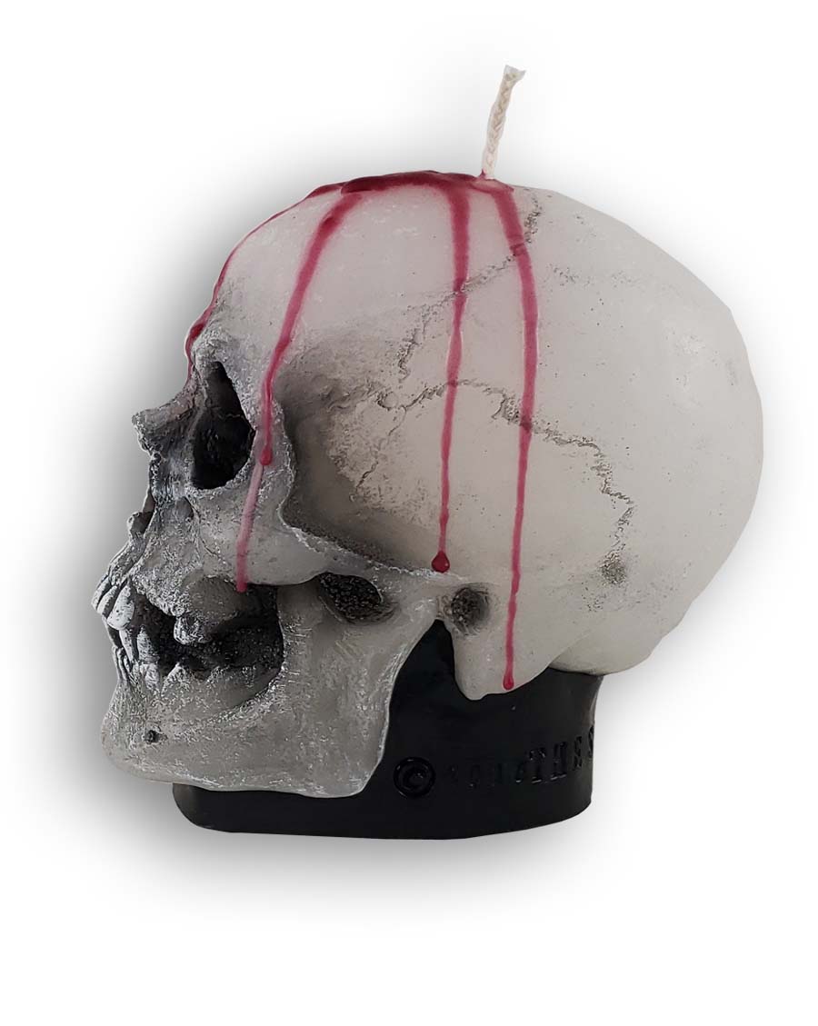 
                  
                    Left profile of decorative wax skull candle with dripping blood
                  
                